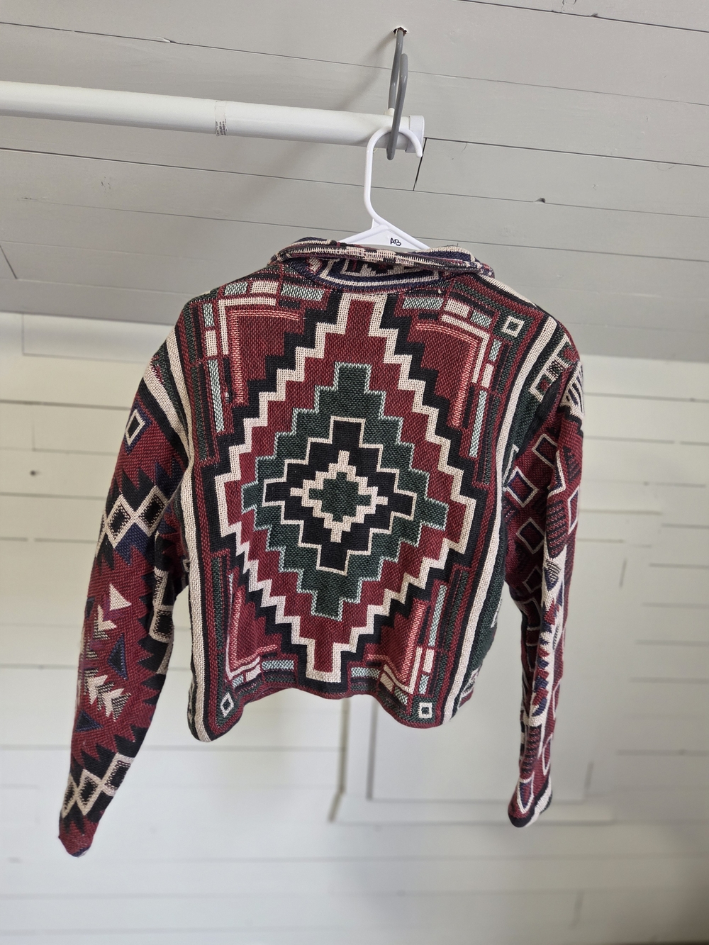 Boho Aztec Cropped Blazer Jacket in Burgundy, Green & Cream
